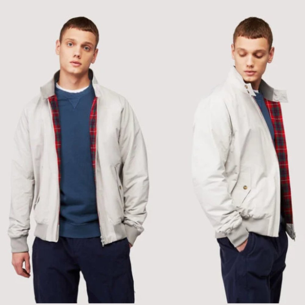 Men's Light Gray Raincoat with Red Plaid Lining